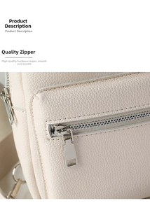 Detailed close-up of silver metal zipper and lychee grain texture on beige crossbody bag