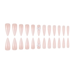 Long stiletto press on nails in nude pink gradient with 3D white bow tie accents