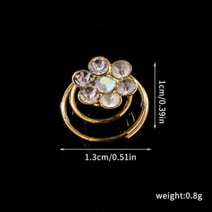 Detailed close-up of a rhinestone flower spiral hair pin with dimensions and weight