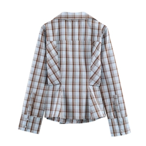 Women's plaid poplin shirt featuring a tailored back seam and blue-brown check pattern