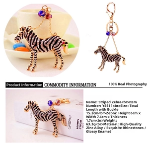 Detail showing crystal zebra keychain with black and white drip oil and gold finish