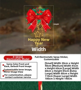 Size chart for red bow Christmas static window stickers showing various dimensions
