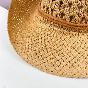 Handmade Western cowboy straw hat with breathable mesh weave and decorative brown cord