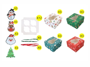 Detailed set of Christmas cupcake boxes with window, inserts, ribbons, and toppers