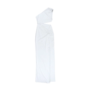 Detail of white one-shoulder maxi dress featuring waist cut-out and high side slit design