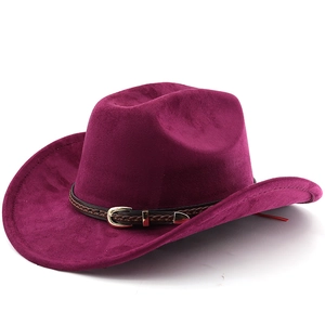 Detail of purple faux suede cowboy hat featuring a braided band and gold buckle accent