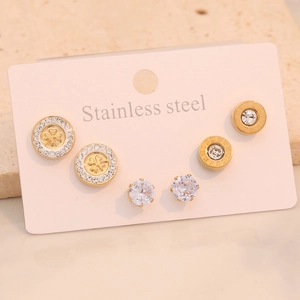 Three pairs of gold stainless steel stud earrings with clover and Roman numerals on stone