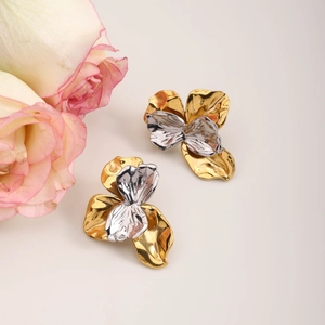 Vintage 18K gold and silver two-tone stainless steel wavy flower layered stud earrings