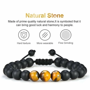 Natural frosted stone and tiger eye bead bracelet with adjustable woven cord for men