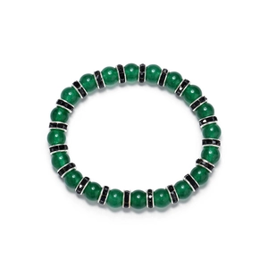 Malachite beaded bracelet with silver spacer rings and black crystals on white background
