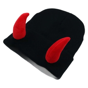 Black knitted devil horn beanie hat with red 3D horns for street style winter warmth