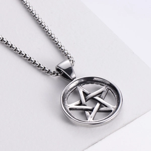 Vintage silver pentagram star pendant necklace with box chain in stainless steel