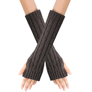 Close-up of dark grey cable knit long fingerless gloves showing warm textured arm sleeves