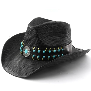 Black straw western cowboy hat with turquoise bead band and rolled brim for sun protection