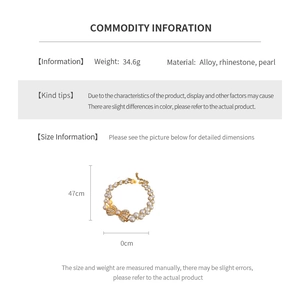 Detailed dimension chart showing a vintage floral necklace with pearls and rhinestones