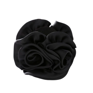Elegant black fabric rose banana hair clip featuring multi-layered chiffon petals