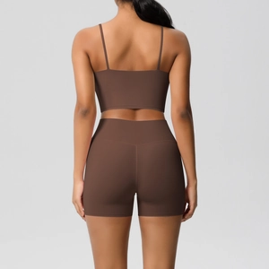 Women's dark brown brushed sports set with open-back tank top and high-waist shorts