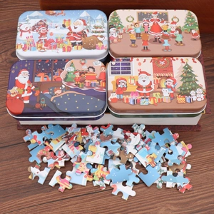 Christmas Jigsaw Puzzles Tin Box Wooden Educational Toy Santa Claus Snowman Pattern Holiday Gift For Kids
