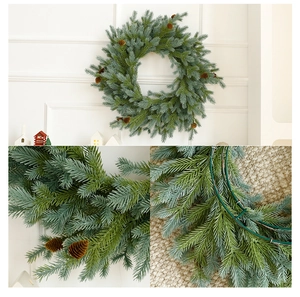 Close-up of artificial Christmas wreath showing pine needles, cones and metal frame