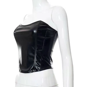 Detailed side view showing fine stitching on a slim-fit black PU leather tube top