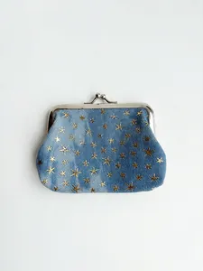 Retro denim coin purse with gold star pattern and silver metal clasp on white background