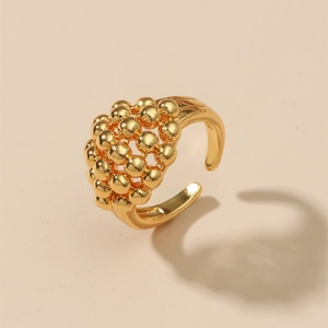 Adjustable gold open ring with creative cluster of metallic spheres and polished finish