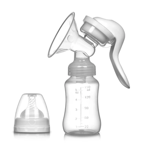 Manual breast pump with 150ml silicone bottle and clear scale on a white background