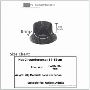 Size guide for cotton bucket hat with 57-58cm circumference and detailed measurements