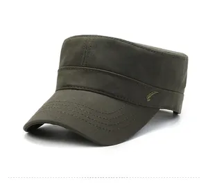 Detail view of cotton military flat cap with gold bird embroidery on the side