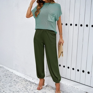 Women's summer two-piece casual set with short sleeve mint knit top and green joggers