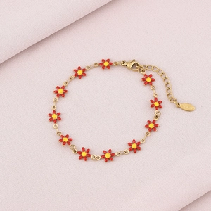 Elegant gold stainless steel bracelet with red and yellow enamel flowers for women