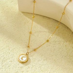 Minimalist 18K gold stainless steel beaded chain necklace with shell moon pendant