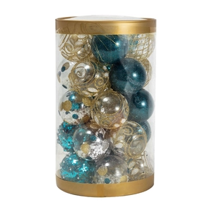 Deluxe Christmas ball set in teal, gold, and clear colors within a cylinder packaging