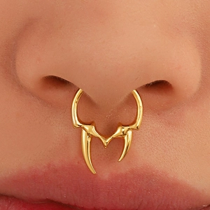 Gothic style gold plated bull horn septum ring for non-pierced nose jewelry display