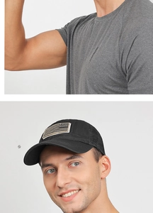 Detail showing high-quality black mesh baseball cap with flag patch and casual grey t-shirt