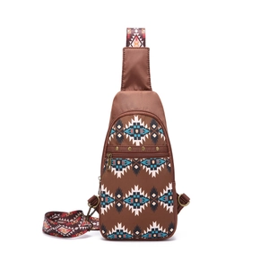 Bohemian Aztec sling bag in brown with geometric patterns and adjustable woven strap