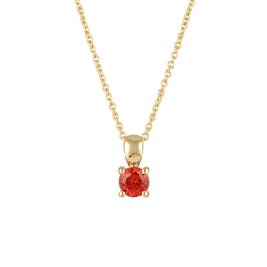 Close-up of a red birthstone pendant on a gold S925 sterling silver chain with 4-prong setting