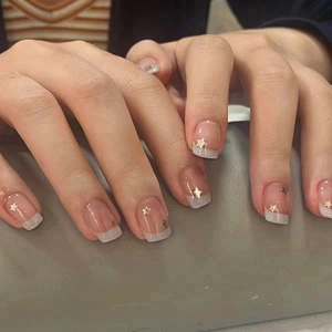 French Style Press On Nails Short Square Shape Pink White Gradient With Silver Star Patterns Artificial False Nails For Women