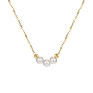 Minimalist gold necklace featuring three lustrous white pearls and golden spacer beads