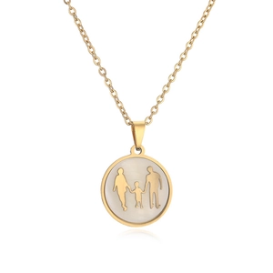 Titanium steel family silhouette necklace with mother of pearl pendant and golden finish
