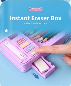 Detail of purple pencil case showing the pop-out eraser drawer and pencil slots