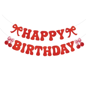 Red glitter Happy Birthday banner with cherry icons and bows for party decor