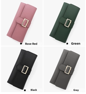 Minimalist long PU leather wallets for women shown in rose red, green, black, and gray