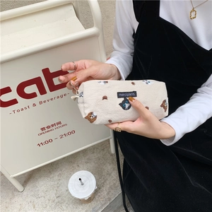 Japanese style canvas pencil case with cute embroidered cats and zipper closure