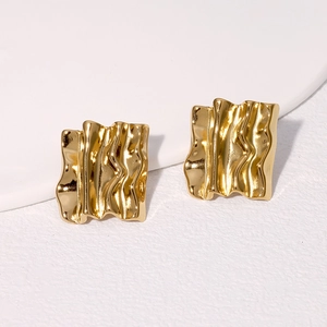 Vintage style gold-plated stainless steel stud earrings with irregular wrinkled texture