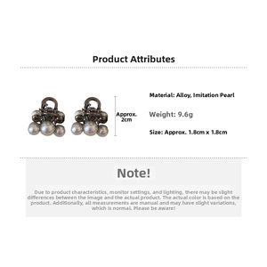 Detailed size chart for mini pearl bow hair clips with dimensions 1.8cm and 9.6g weight