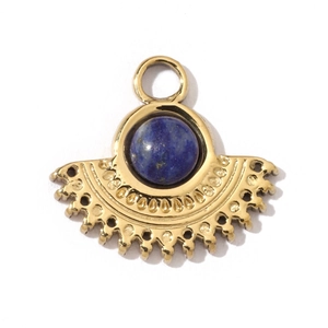 Close-up of golden fan-shaped stainless steel pendant with blue lapis stone inlay