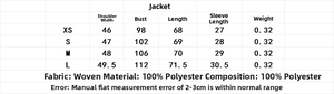 Size chart for pocket shirt and pleated shorts set with measurements in centimeters