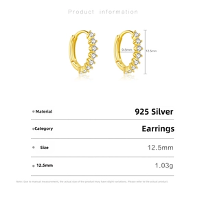 Detailed size specifications for 925 silver gold hoop earrings with white zircon stones