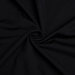 Macro shot of soft black knitted fabric texture on an asymmetric long sleeve dress